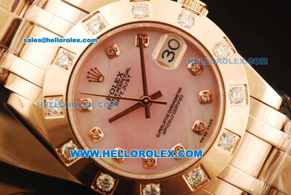 Rolex Datejust Swiss ETA 2836 Automatic Movement Full Rose Gold with Pink Dial and Diamond Markers/Bezel - Click Image to Close